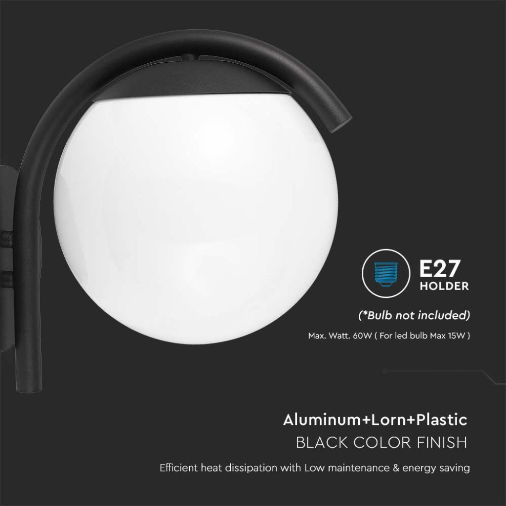 V-TAC Lampada LED da Muro con Sfera Opale e Portalampada E27  Colore Nero Opaco IP44 V-TAC Lampada LED da Muro con Sfera Opale e Portalampada E27  Colore Nero Opaco IP44